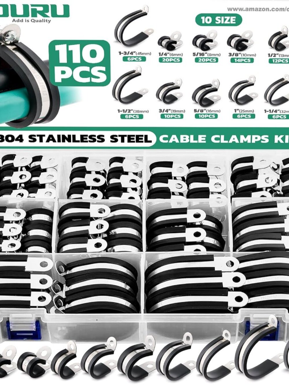 110PCS Cable Clamps Assortment Kit,Rubber Coated, 1/4"-1-3/4" 10 Sizes